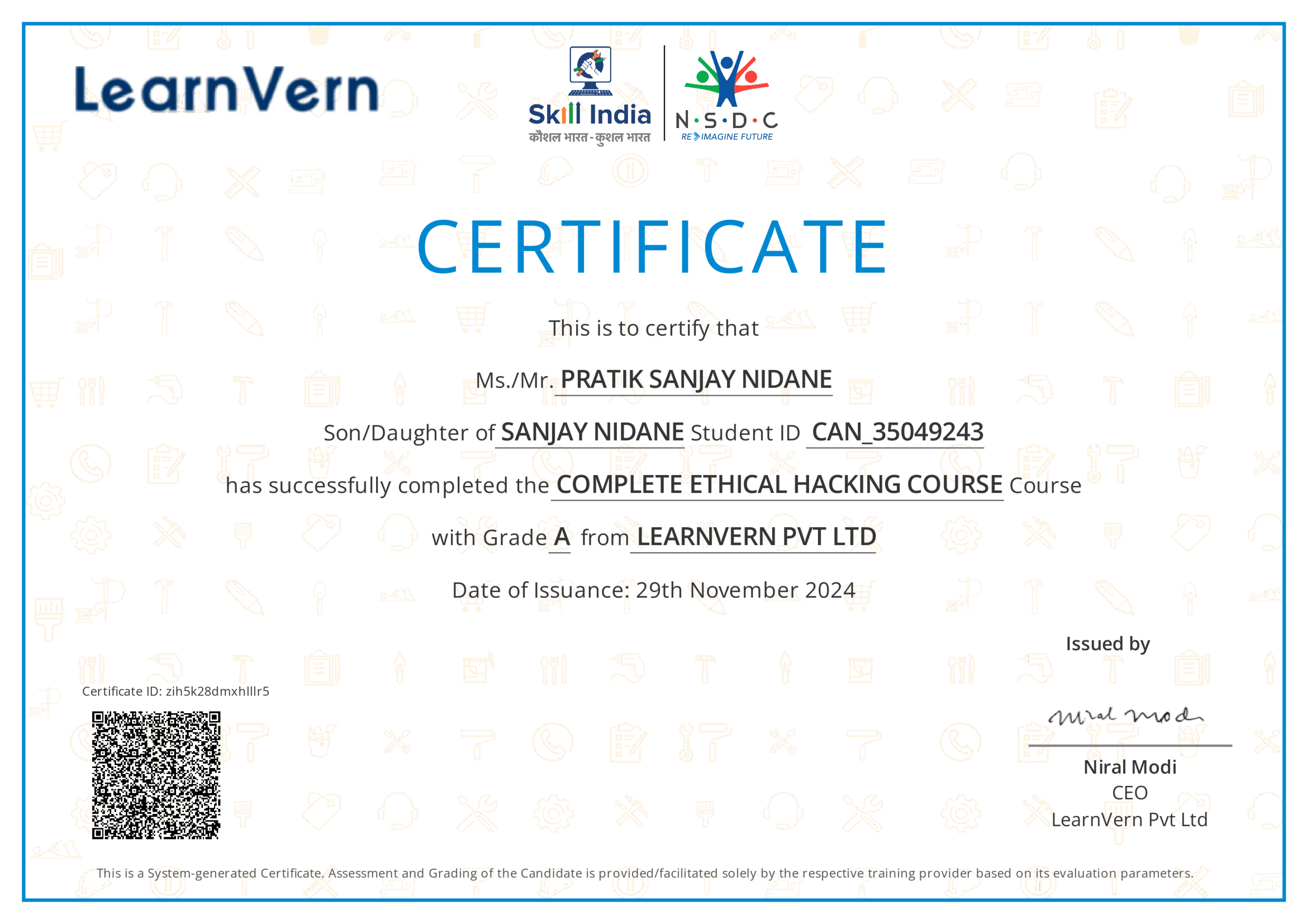 NSDC Ethical Hacking certificate